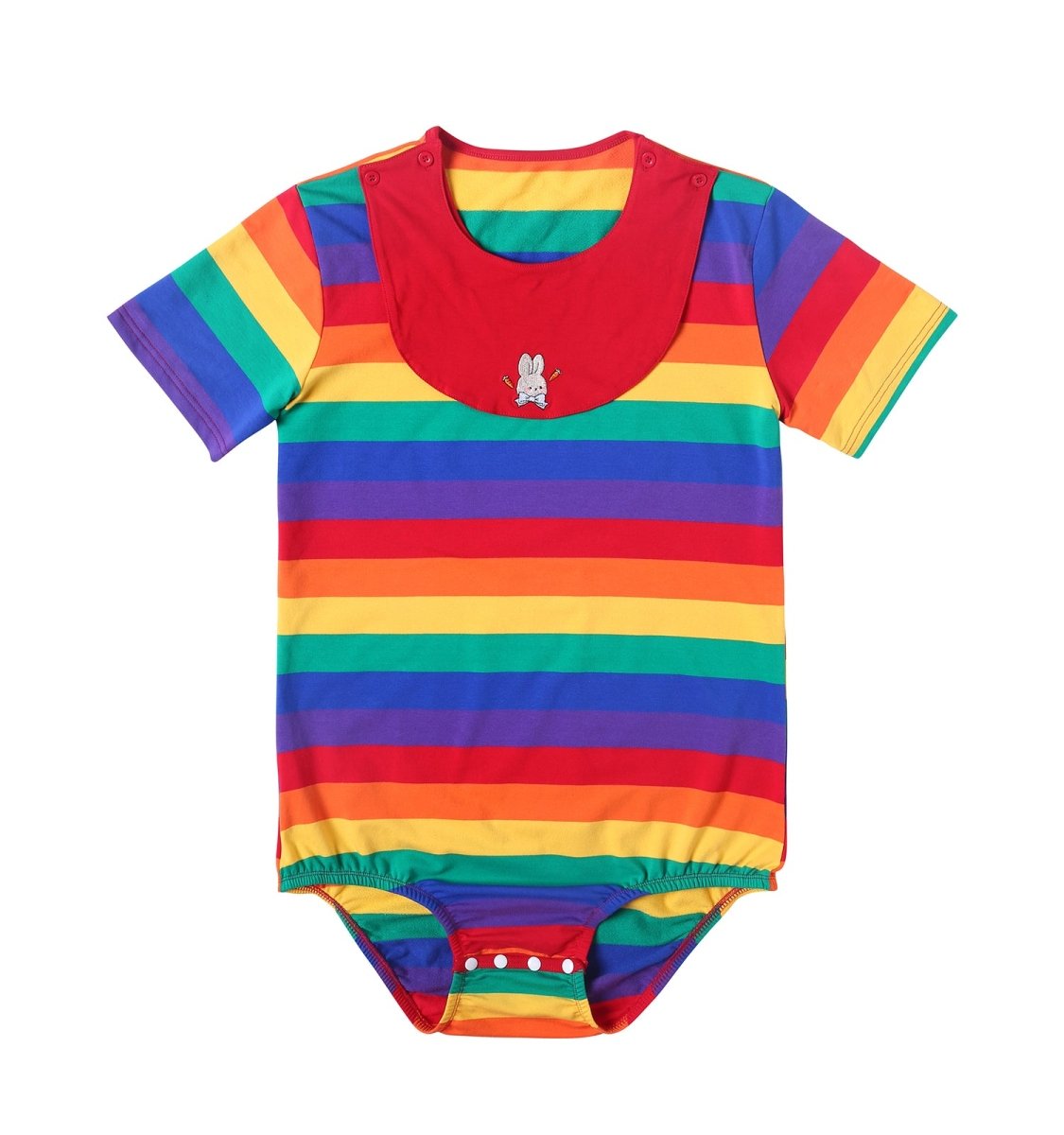 Landofgenie Mens Striped Onesie with bibs - Rainbow Bunny - landofgenie