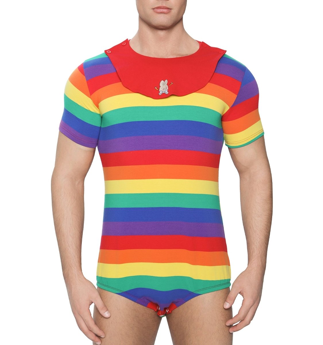 Landofgenie Mens Striped Onesie with bibs - Rainbow Bunny - landofgenie