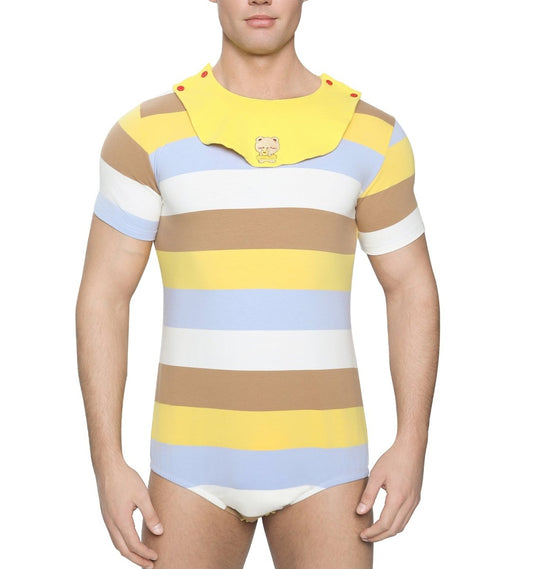 Landofgenie Mens Striped Onesie with bibs - Swimming Bear - landofgenie