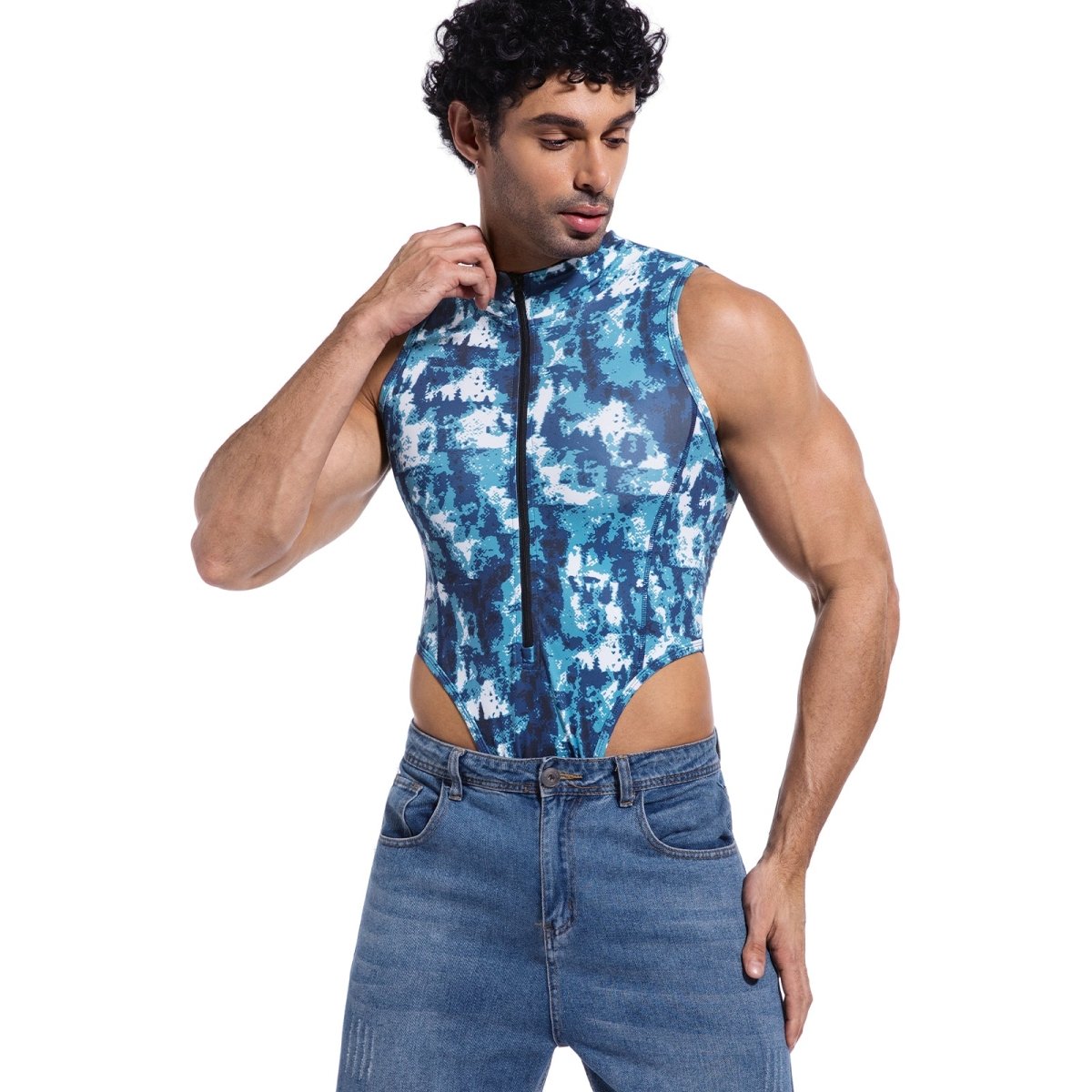 Landofgenie Take Down Singlet Jock with Zipper - Camo Blue - landofgenie