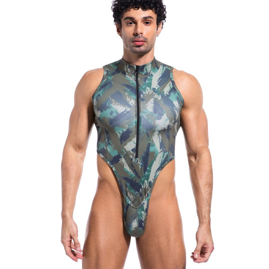 Landofgenie Take Down Singlet Jock with Zipper - Camo Green - landofgenie