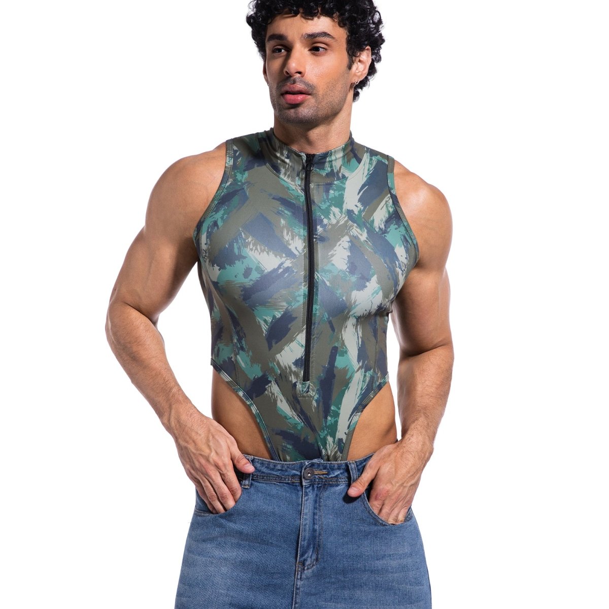Landofgenie Take Down Singlet Jock with Zipper - Camo Green - landofgenie