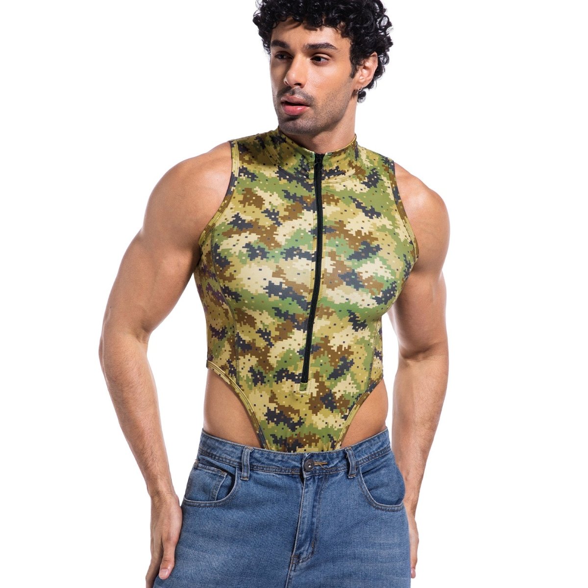 Landofgenie Take Down Singlet Jock with Zipper - Camo Yellow - landofgenie