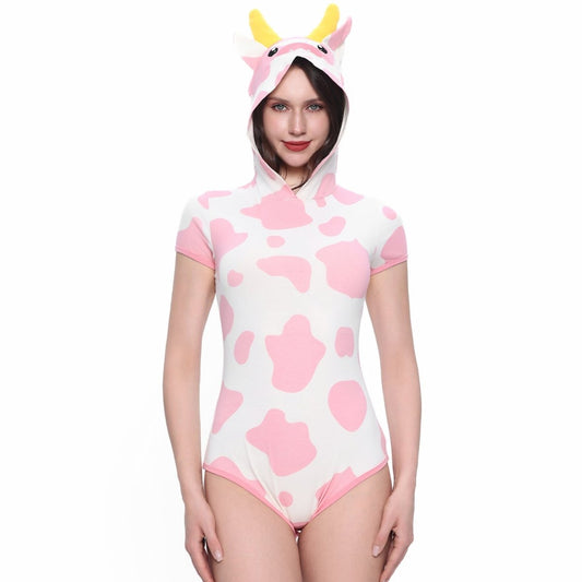 Landofgenie Women Print Onesie Snap Crotch - Pink Cow - landofgenie