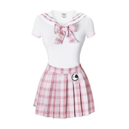 Landofgenie ABDL Cotton Bodysuit Plaid Skirt Set -Pink Cosplay Magical Onesie Skirt Set - landofgenie