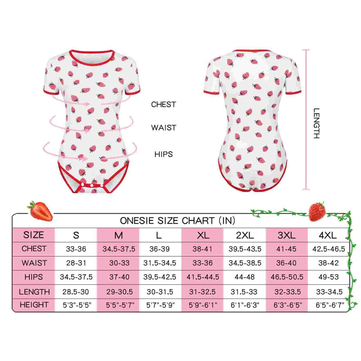 Landofgenie ABDL Onesie Womens Cotton Bodysuit - Strawberry Print - landofgenie