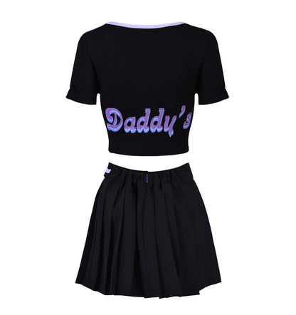 Landofgenie Daddy's Crop Top Puff Sleeve Scoop Neck Shirt Skirt Set - landofgenie