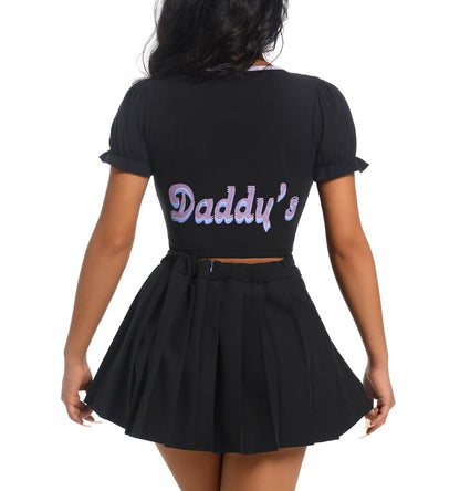 Landofgenie Daddy's Crop Top Puff Sleeve Scoop Neck Shirt Skirt Set - landofgenie