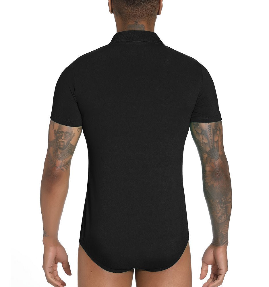 Landofgenie Mens Short Sleeve Bodysuit Crotch Shirt Romper Black - Gentleman - landofgenie