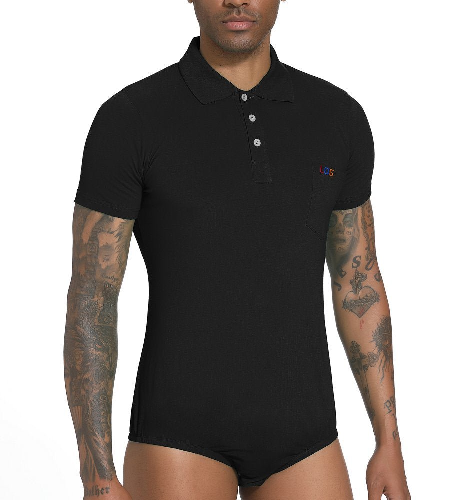 Landofgenie Mens Short Sleeve Bodysuit Crotch Shirt Romper Black - Gentleman - landofgenie