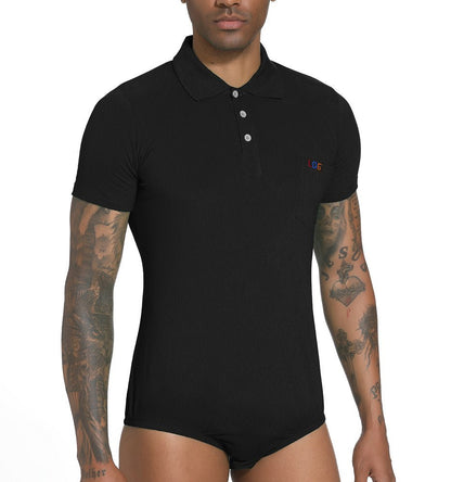 Landofgenie Mens Short Sleeve Bodysuit Crotch Shirt Romper Black - Gentleman - landofgenie