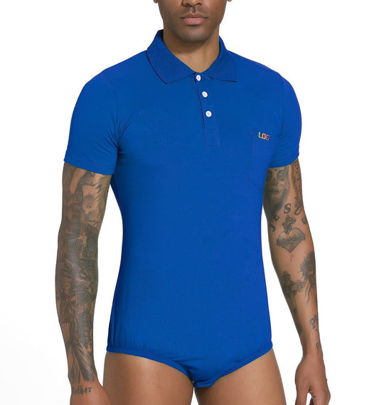 Landofgenie Mens Short Sleeve Bodysuit Crotch Shirt Romper Blue - Gentleman - landofgenie