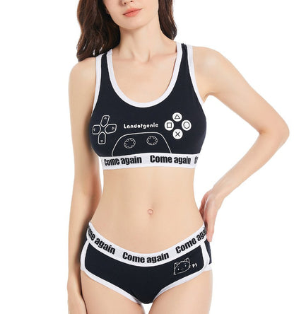 Landofgenie Women Cotton Camisole and Panties Sports Loungewear Bralette Set - Game Player Black - landofgenie