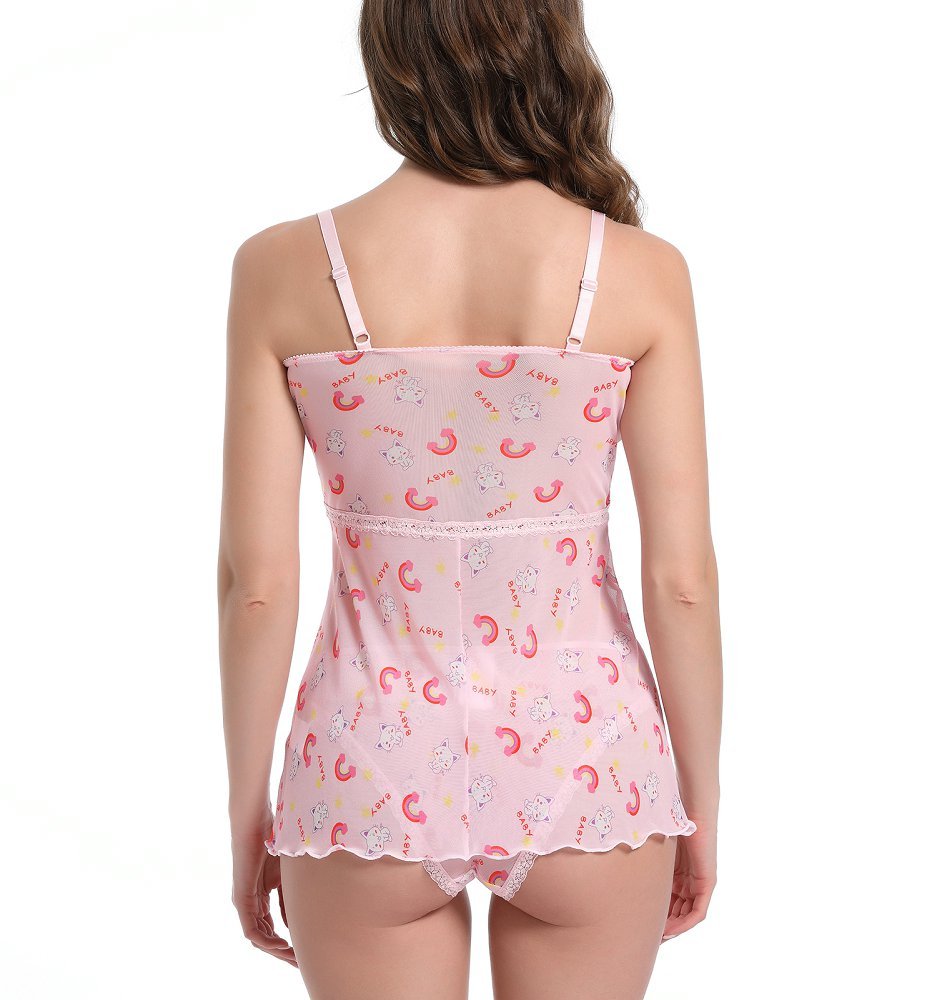 Landofgenie Women Lace Strap Lingerie Underwear Babydoll Sleepwear - Star Cats & Rainbow - landofgenie