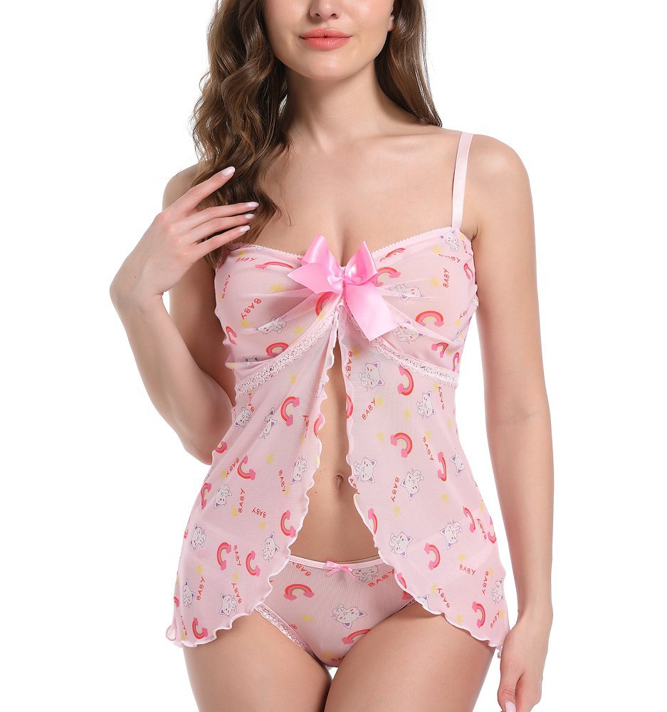 Landofgenie Women Lace Strap Lingerie Underwear Babydoll Sleepwear - Star Cats & Rainbow - landofgenie