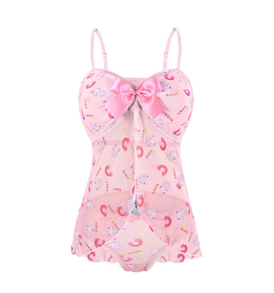 Landofgenie Women Lace Strap Lingerie Underwear Babydoll Sleepwear - Star Cats & Rainbow - landofgenie
