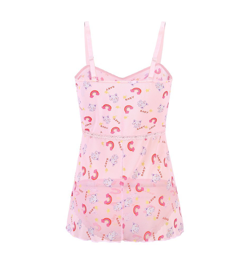 Landofgenie Women Lace Strap Lingerie Underwear Babydoll Sleepwear - Star Cats & Rainbow - landofgenie