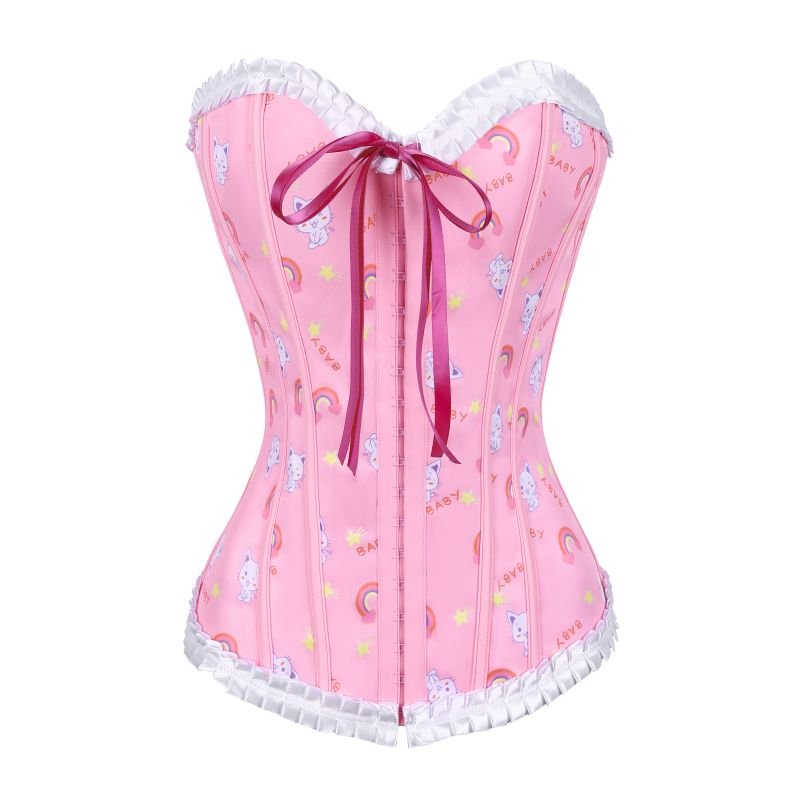 Landofgenie Women's Lace Up Boned Overbust Corset Bustier Bodyshaper Top - Rainbow Cats - landofgenie